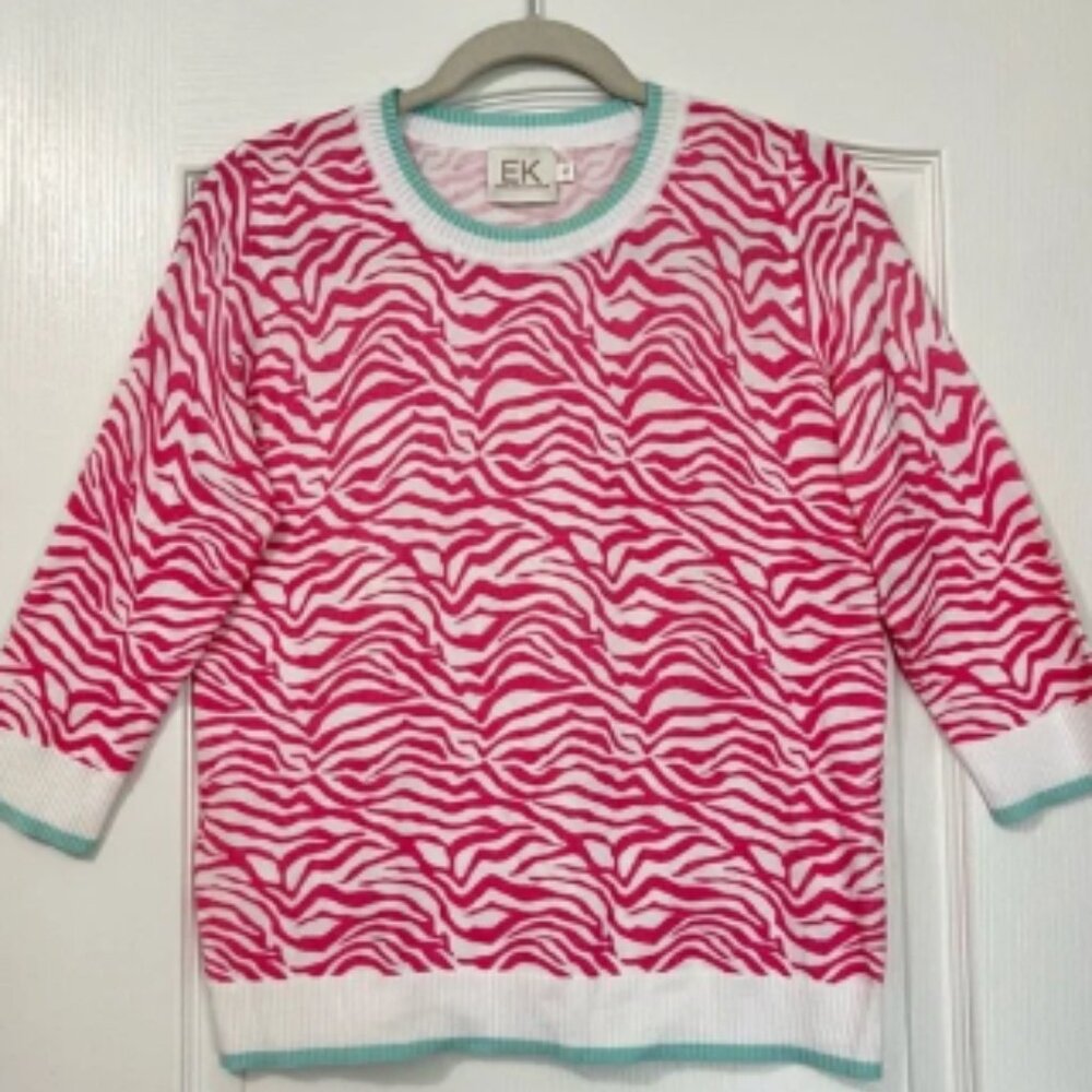 Edinburgh Knitwear Pink Zebra Animal Print Pema Cotton Long Sleeve Sweater